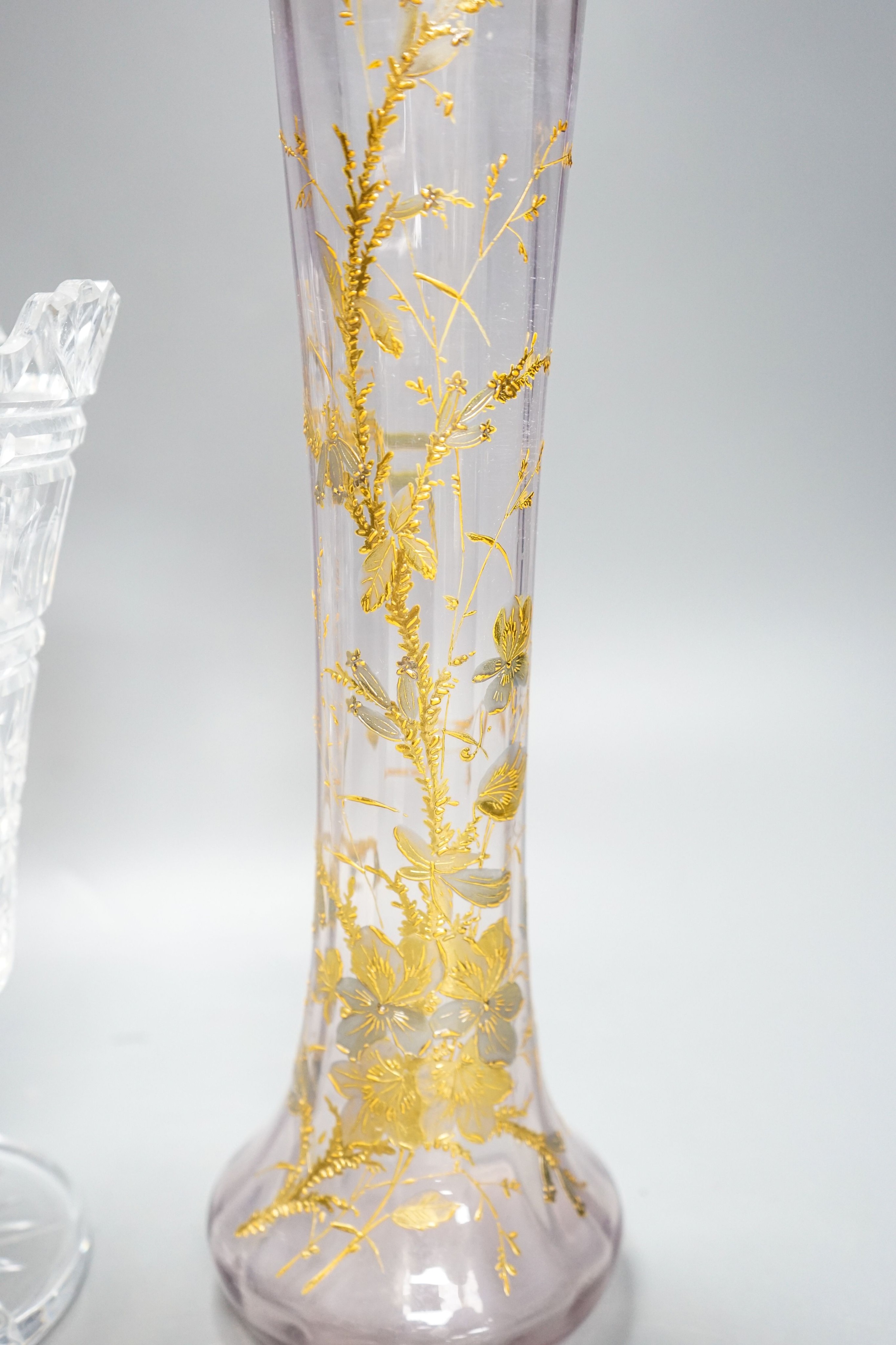 A Bohemian gilt decorated glass vase and a Waterford cut glass vase, tallest 33 cm